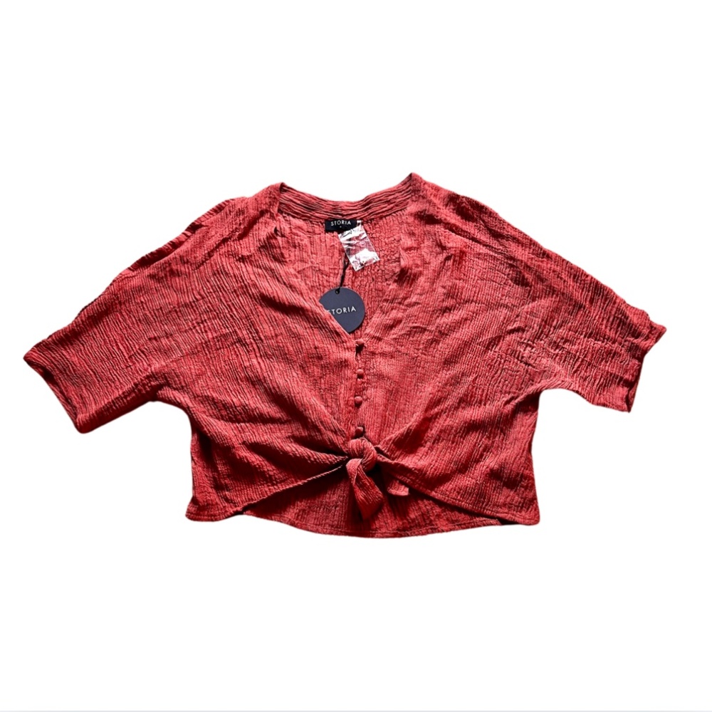 NWT Storia Tie Front Crop Top Sort Sleeve Rust Terracota Loose Cotton Blouse